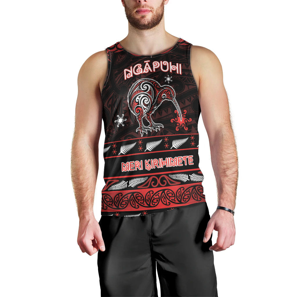 Personalised Ngapuhi Aotearoa Meri Kirihimete Men Tank Top Maori Kiwi Bird Silver Fern Koru Pattern