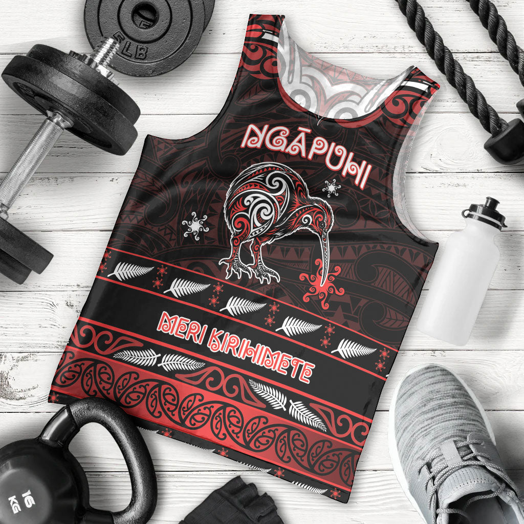 Personalised Ngapuhi Aotearoa Meri Kirihimete Men Tank Top Maori Kiwi Bird Silver Fern Koru Pattern