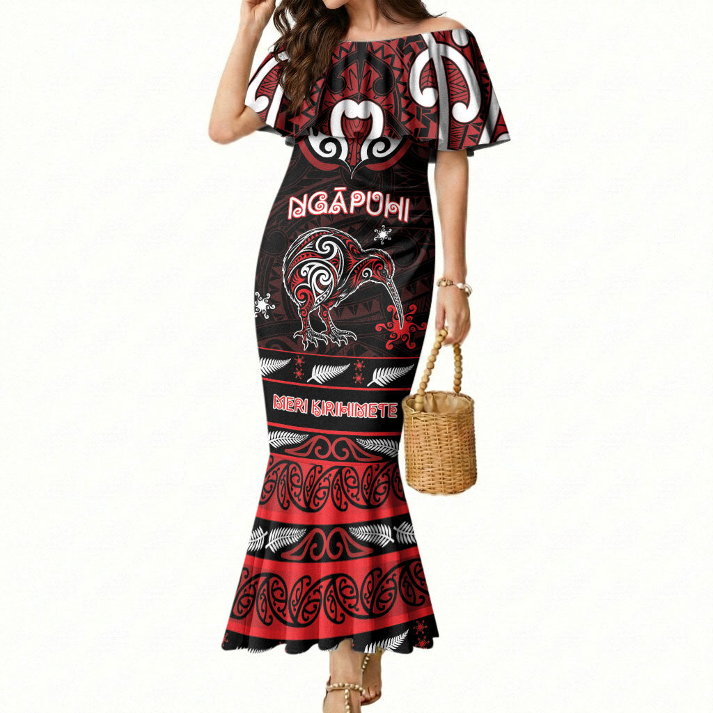 Personalised Ngapuhi Aotearoa Meri Kirihimete Mermaid Dress Maori Kiwi Bird Silver Fern Koru Pattern