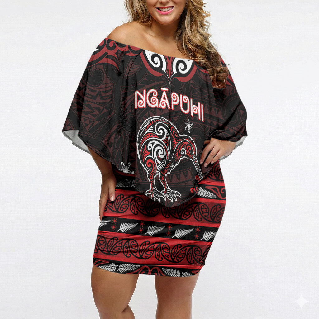 Personalised Ngapuhi Aotearoa Meri Kirihimete Off Shoulder Short Dress Maori Kiwi Bird Silver Fern Koru Pattern