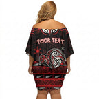 Personalised Ngapuhi Aotearoa Meri Kirihimete Off Shoulder Short Dress Maori Kiwi Bird Silver Fern Koru Pattern