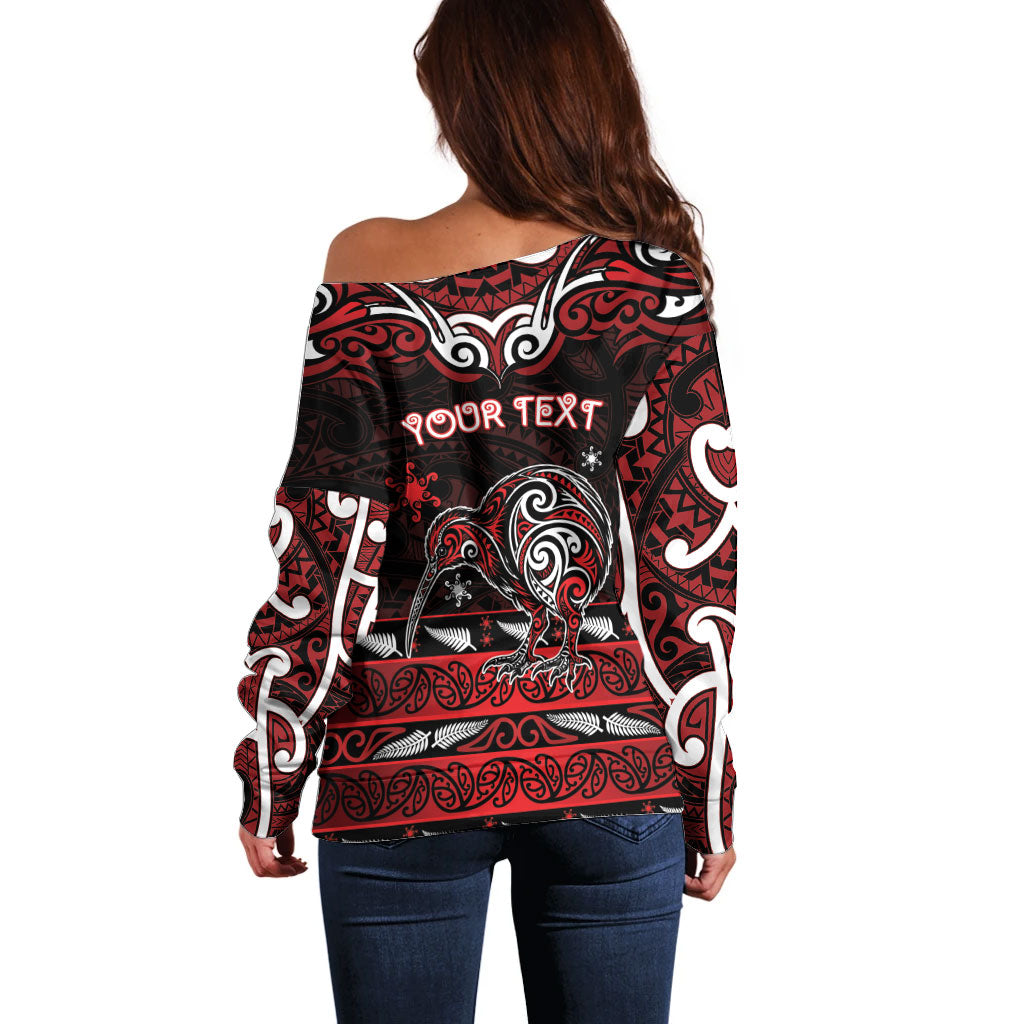 Personalised Ngapuhi Aotearoa Meri Kirihimete Off Shoulder Sweater Maori Kiwi Bird Silver Fern Koru Pattern