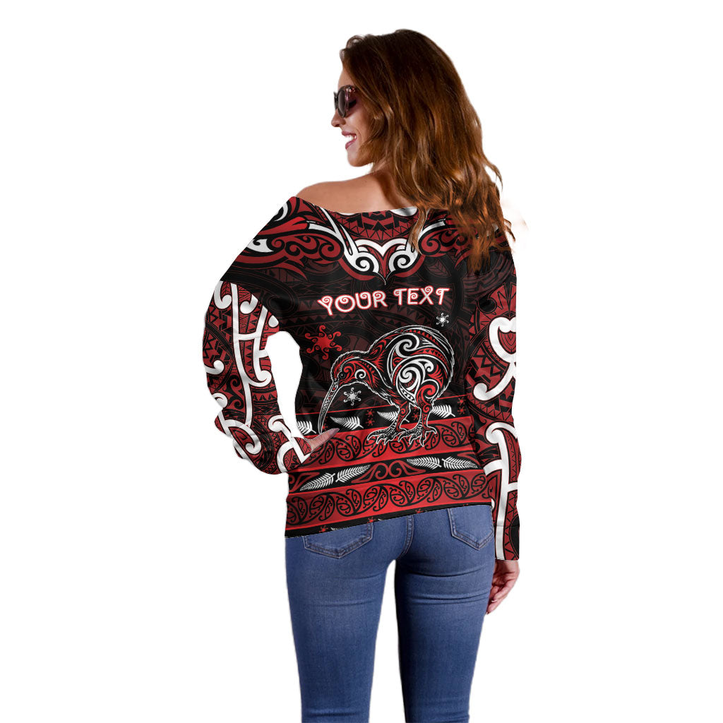 Personalised Ngapuhi Aotearoa Meri Kirihimete Off Shoulder Sweater Maori Kiwi Bird Silver Fern Koru Pattern