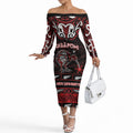 Personalised Ngapuhi Aotearoa Meri Kirihimete Off The Shoulder Long Sleeve Dress Maori Kiwi Bird Silver Fern Koru Pattern