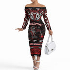 Personalised Ngapuhi Aotearoa Meri Kirihimete Off The Shoulder Long Sleeve Dress Maori Kiwi Bird Silver Fern Koru Pattern
