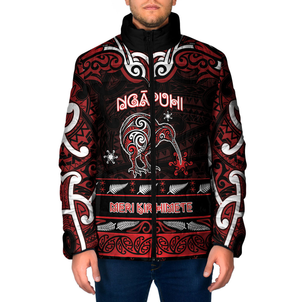 Personalised Ngapuhi Aotearoa Meri Kirihimete Padded Jacket Maori Kiwi Bird Silver Fern Koru Pattern