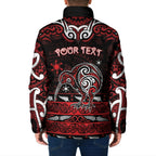 Personalised Ngapuhi Aotearoa Meri Kirihimete Padded Jacket Maori Kiwi Bird Silver Fern Koru Pattern