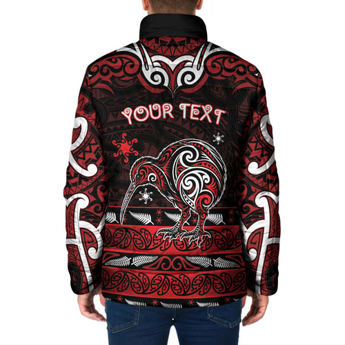 Personalised Ngapuhi Aotearoa Meri Kirihimete Padded Jacket Maori Kiwi Bird Silver Fern Koru Pattern