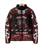 Personalised Ngapuhi Aotearoa Meri Kirihimete Padded Jacket Maori Kiwi Bird Silver Fern Koru Pattern