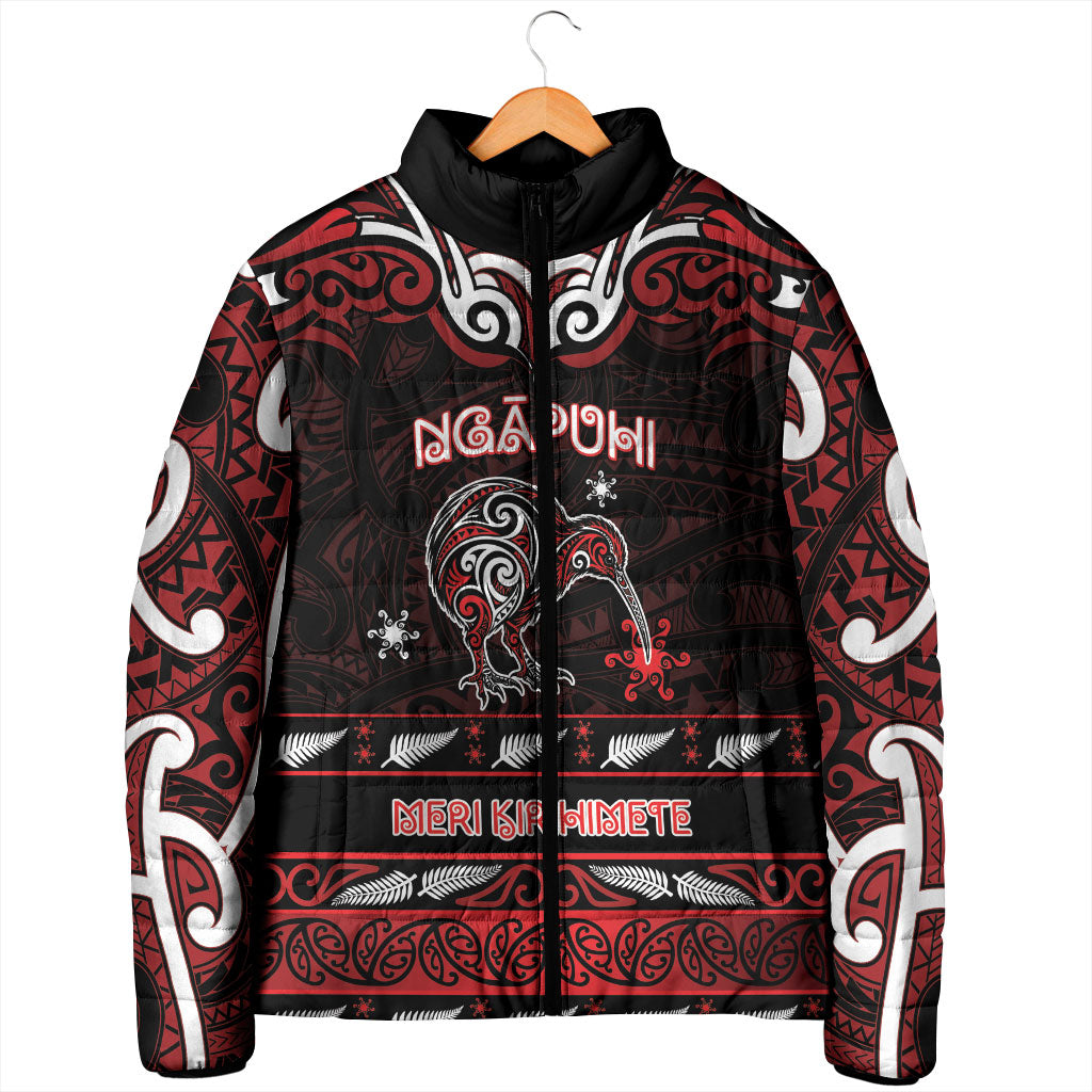 Personalised Ngapuhi Aotearoa Meri Kirihimete Padded Jacket Maori Kiwi Bird Silver Fern Koru Pattern