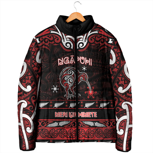 Personalised Ngapuhi Aotearoa Meri Kirihimete Padded Jacket Maori Kiwi Bird Silver Fern Koru Pattern