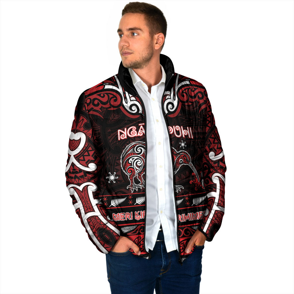Personalised Ngapuhi Aotearoa Meri Kirihimete Padded Jacket Maori Kiwi Bird Silver Fern Koru Pattern