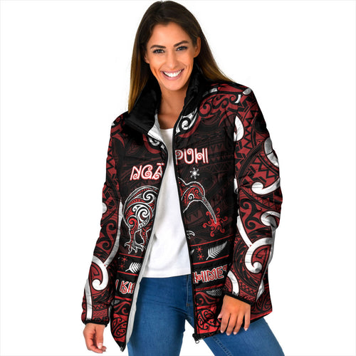 Personalised Ngapuhi Aotearoa Meri Kirihimete Padded Jacket Maori Kiwi Bird Silver Fern Koru Pattern