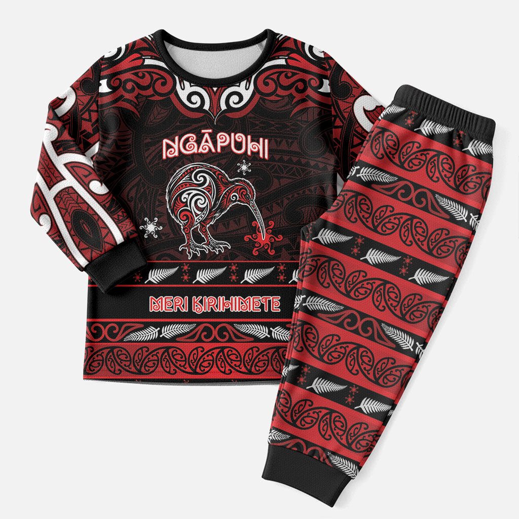 Personalised Ngapuhi Aotearoa Meri Kirihimete Christmas Pajama Set Maori Kiwi Bird Silver Fern Koru Pattern