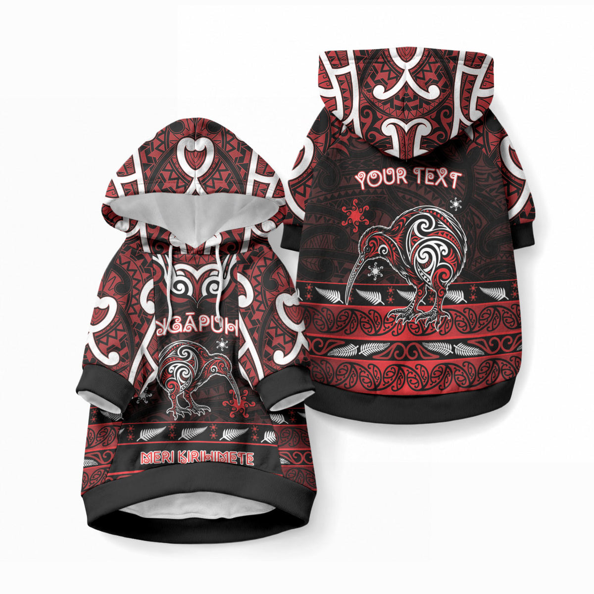 Personalised Ngapuhi Aotearoa Meri Kirihimete Pet Hoodie Maori Kiwi Bird Silver Fern Koru Pattern