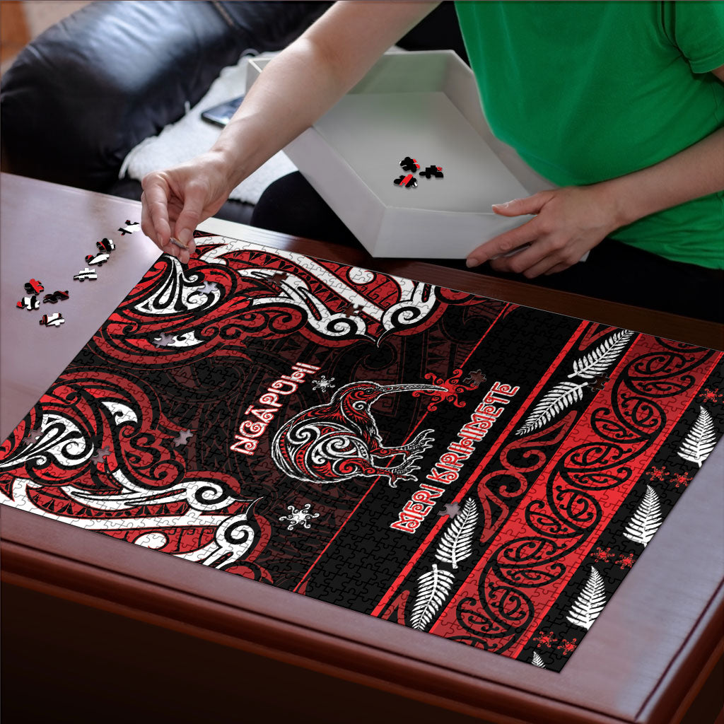 Ngapuhi Aotearoa Meri Kirihimete Puzzle Maori Kiwi Bird Silver Fern Koru Pattern