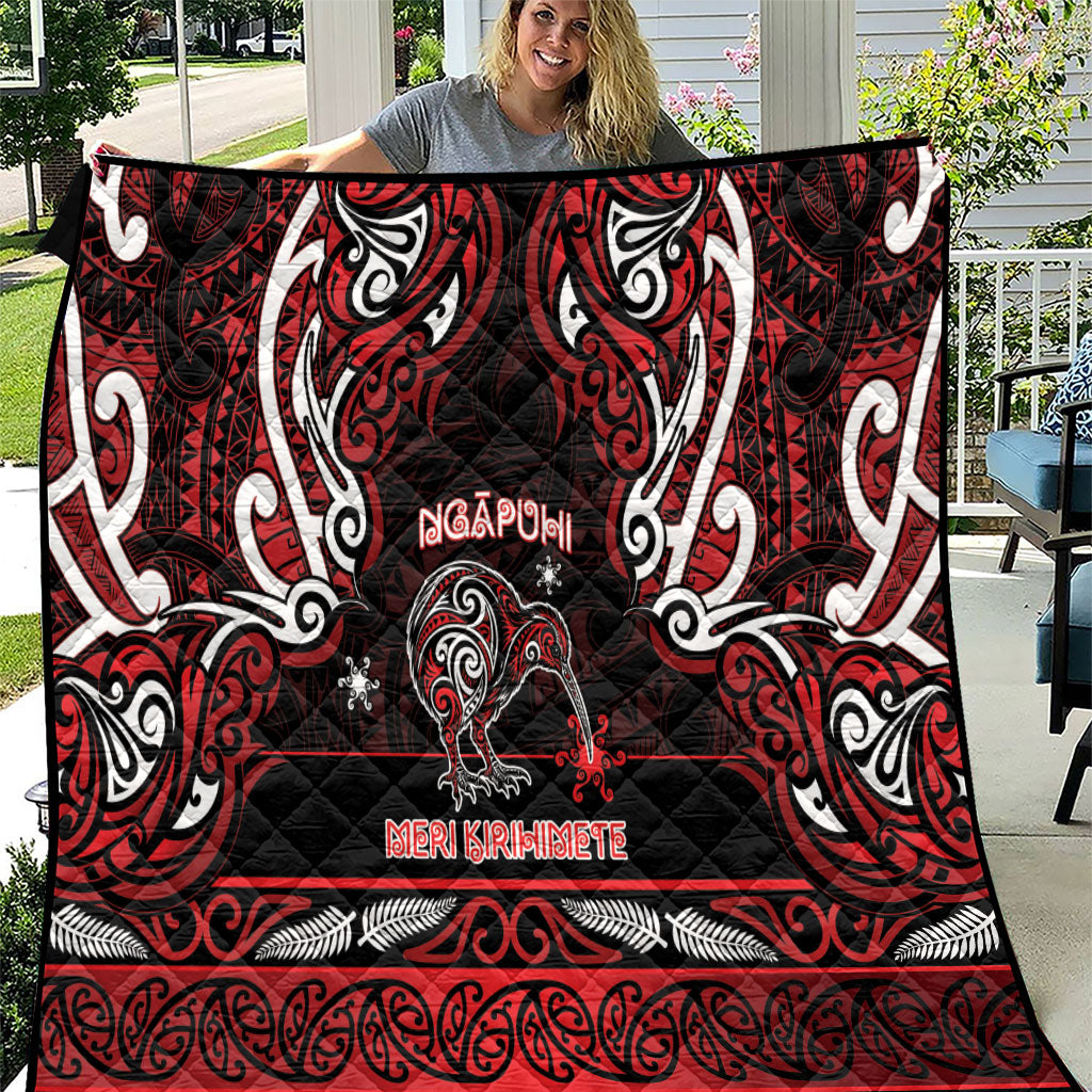 Ngapuhi Aotearoa Meri Kirihimete Quilt Maori Kiwi Bird Silver Fern Koru Pattern