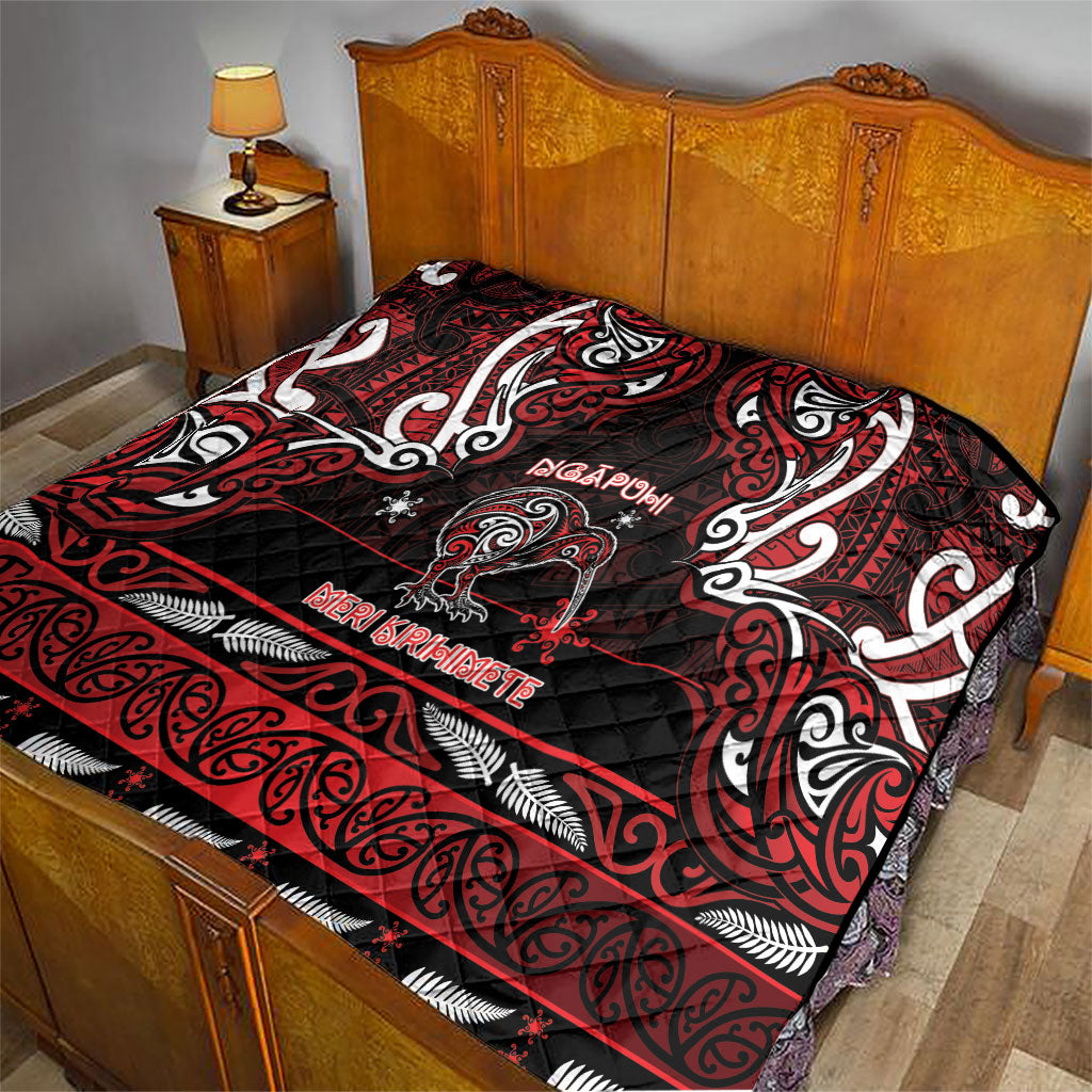 Ngapuhi Aotearoa Meri Kirihimete Quilt Maori Kiwi Bird Silver Fern Koru Pattern