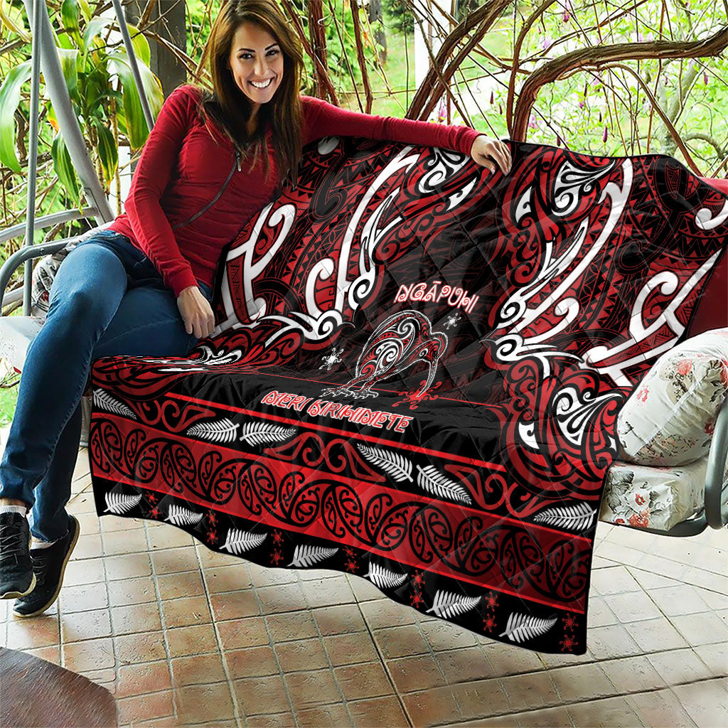 Ngapuhi Aotearoa Meri Kirihimete Quilt Maori Kiwi Bird Silver Fern Koru Pattern