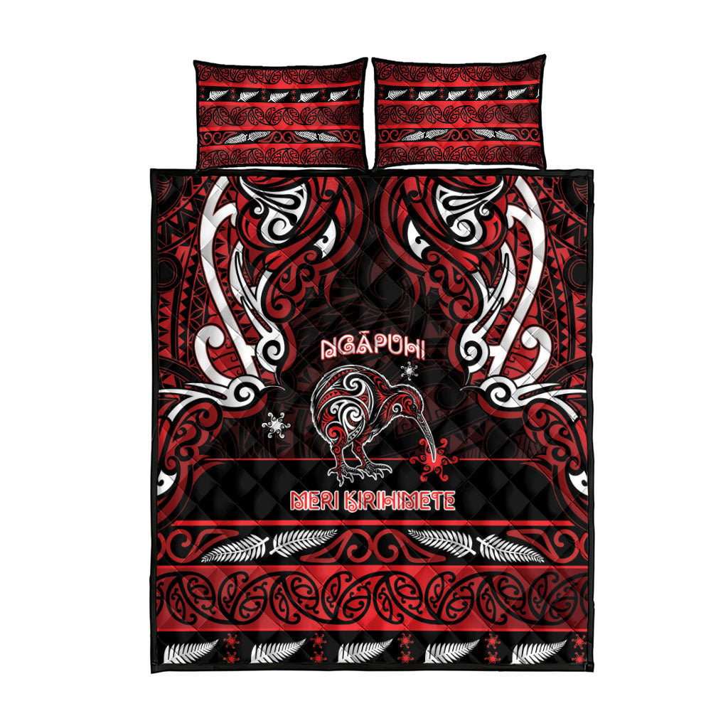 Ngapuhi Aotearoa Meri Kirihimete Quilt Bed Set Maori Kiwi Bird Silver Fern Koru Pattern