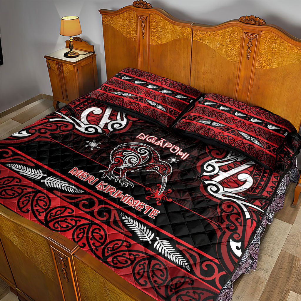 Ngapuhi Aotearoa Meri Kirihimete Quilt Bed Set Maori Kiwi Bird Silver Fern Koru Pattern