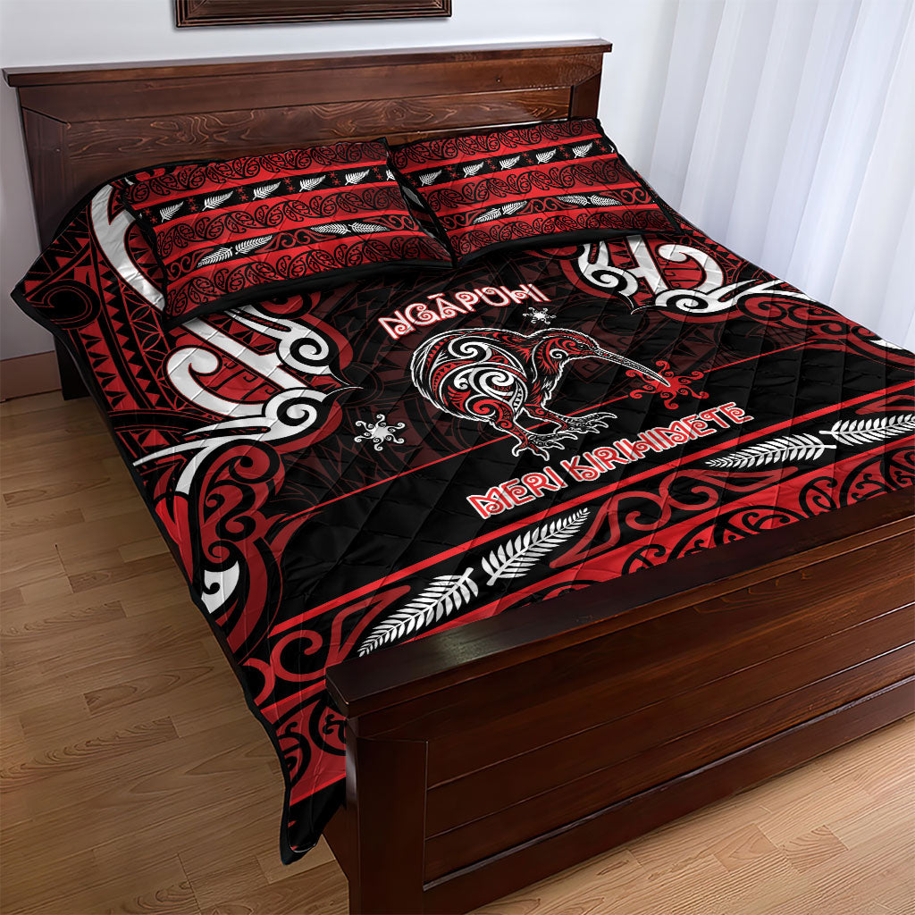 Ngapuhi Aotearoa Meri Kirihimete Quilt Bed Set Maori Kiwi Bird Silver Fern Koru Pattern