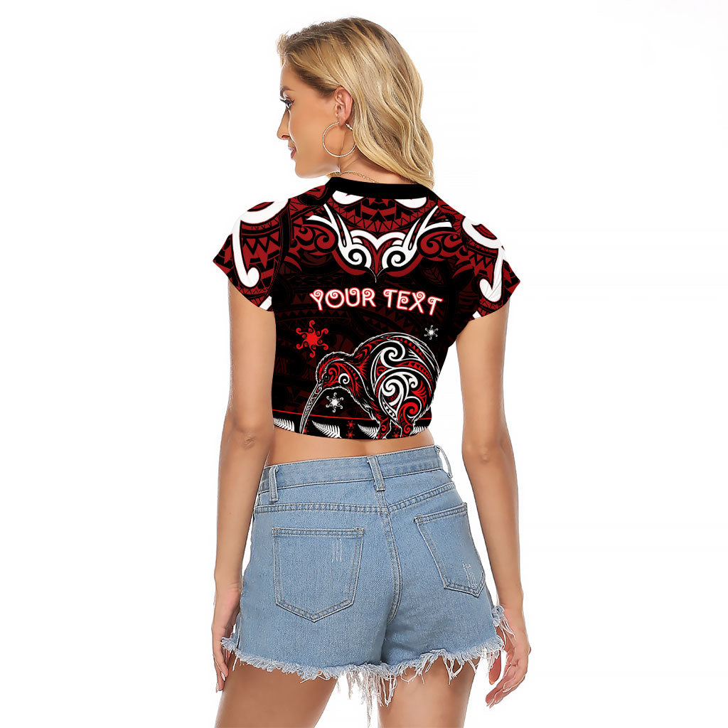 Personalised Ngapuhi Aotearoa Meri Kirihimete Raglan Cropped T Shirt Maori Kiwi Bird Silver Fern Koru Pattern