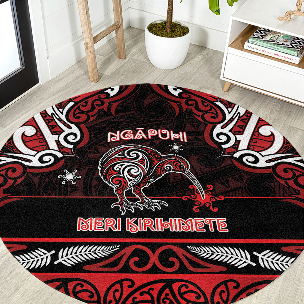 Ngapuhi Aotearoa Meri Kirihimete Round Carpet Maori Kiwi Bird Silver Fern Koru Pattern