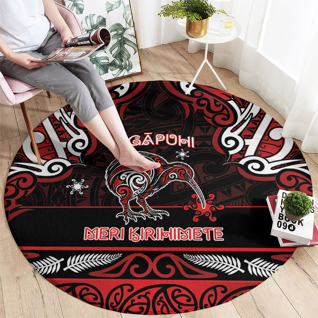 Ngapuhi Aotearoa Meri Kirihimete Round Carpet Maori Kiwi Bird Silver Fern Koru Pattern