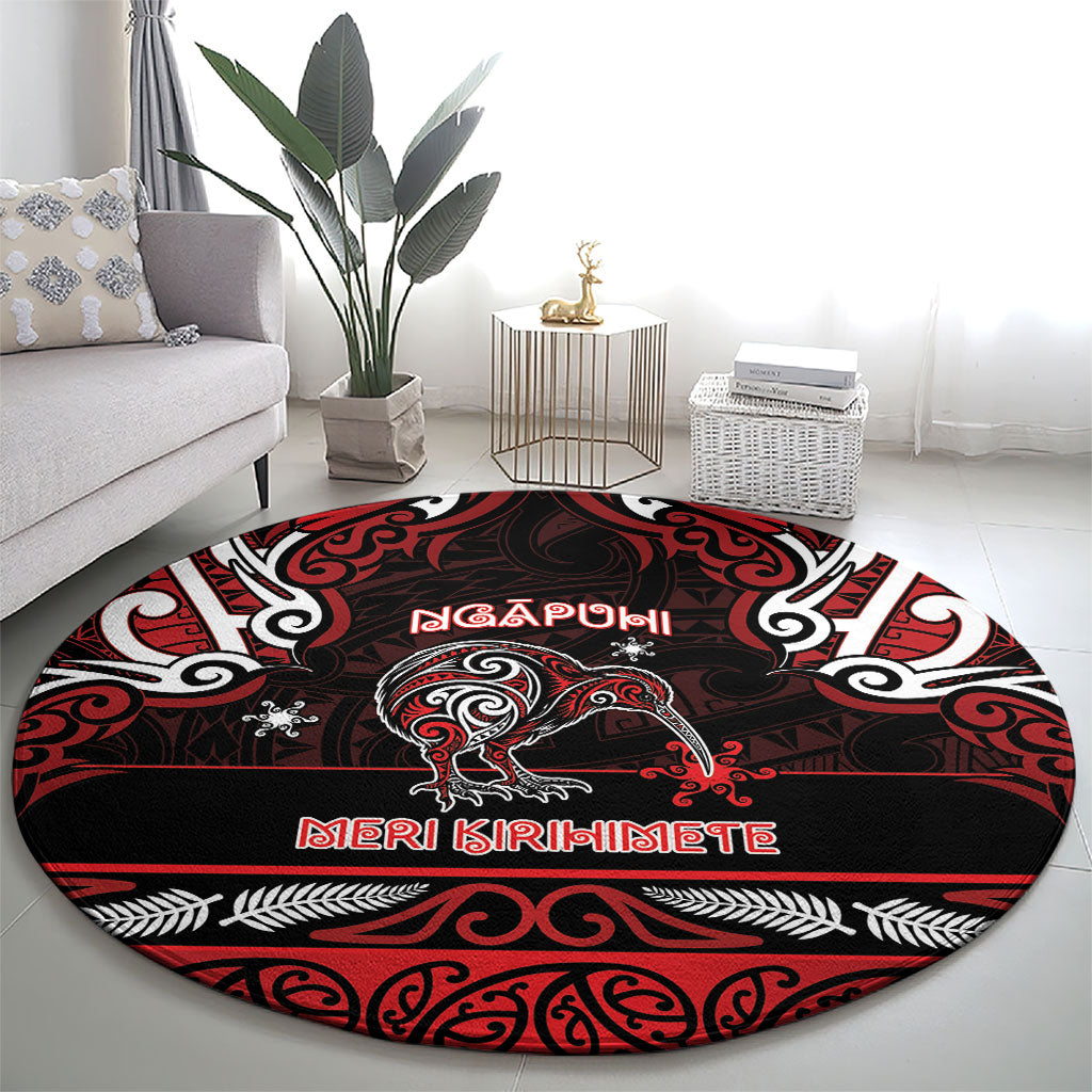 Ngapuhi Aotearoa Meri Kirihimete Round Carpet Maori Kiwi Bird Silver Fern Koru Pattern