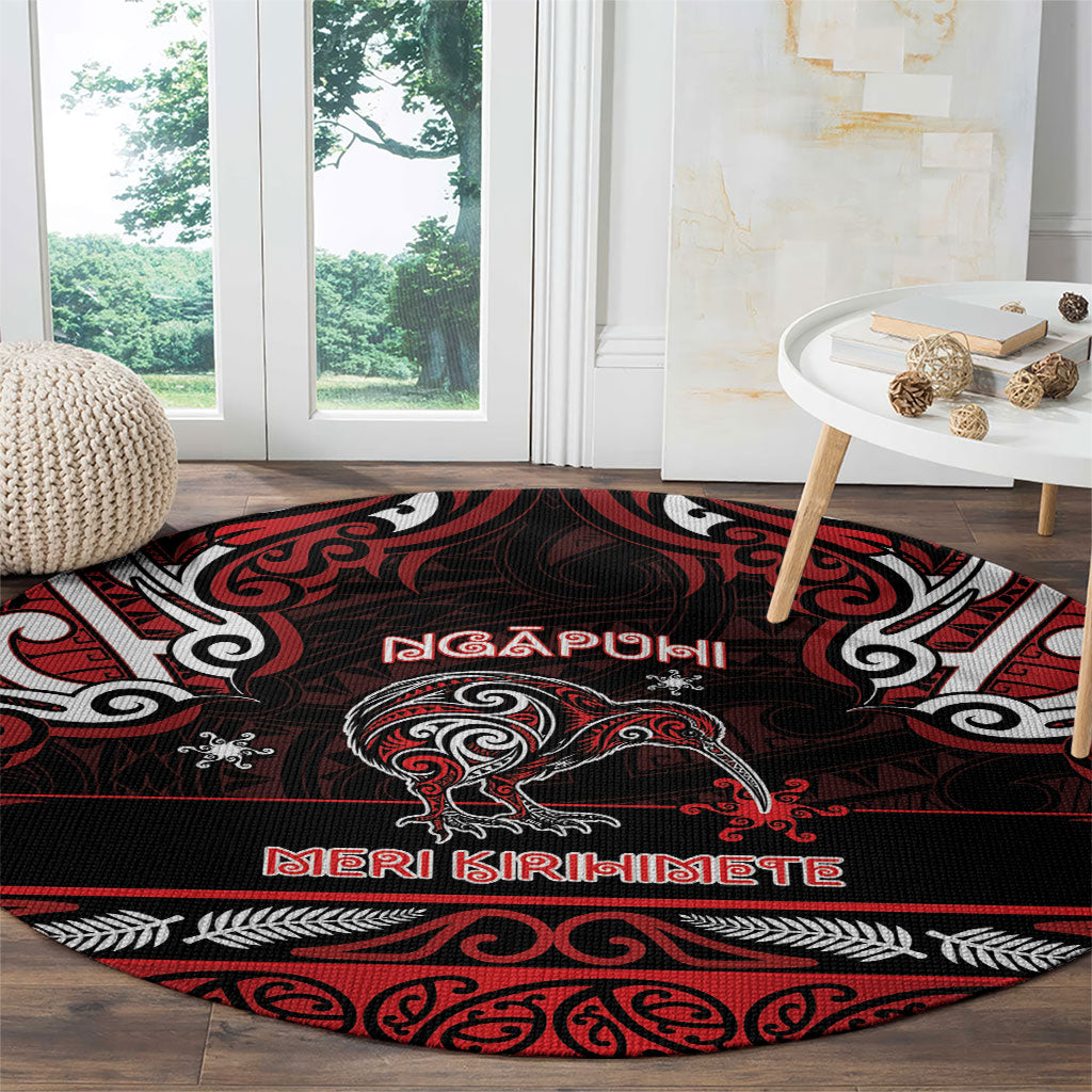 Ngapuhi Aotearoa Meri Kirihimete Round Carpet Maori Kiwi Bird Silver Fern Koru Pattern