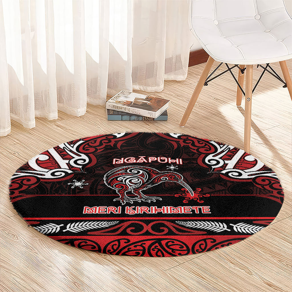 Ngapuhi Aotearoa Meri Kirihimete Round Carpet Maori Kiwi Bird Silver Fern Koru Pattern