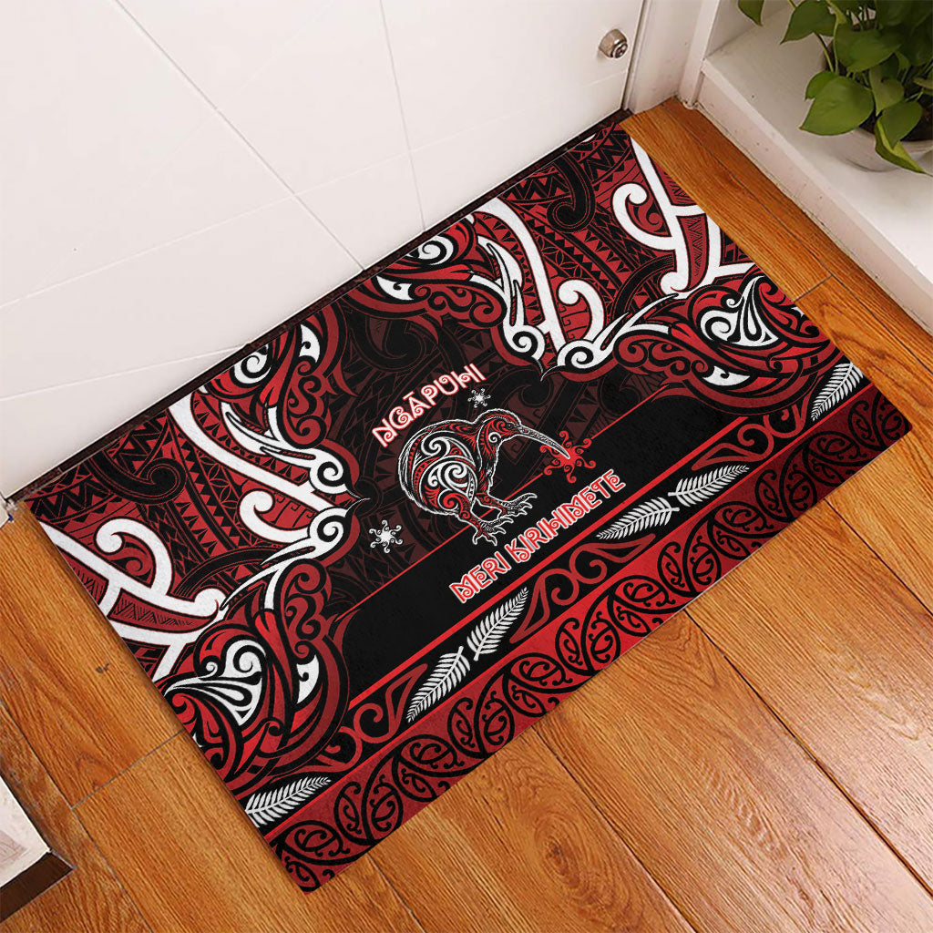 Ngapuhi Aotearoa Meri Kirihimete Rubber Doormat Maori Kiwi Bird Silver Fern Koru Pattern