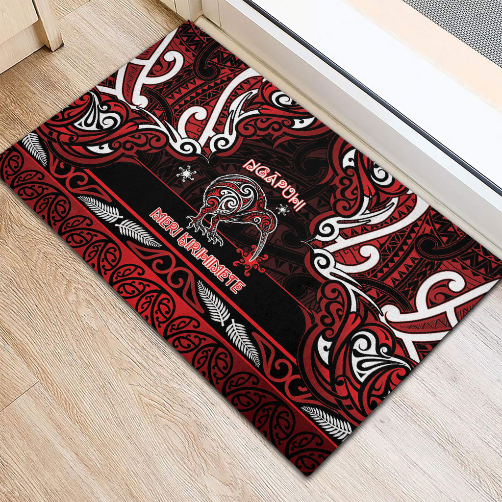 Ngapuhi Aotearoa Meri Kirihimete Rubber Doormat Maori Kiwi Bird Silver Fern Koru Pattern