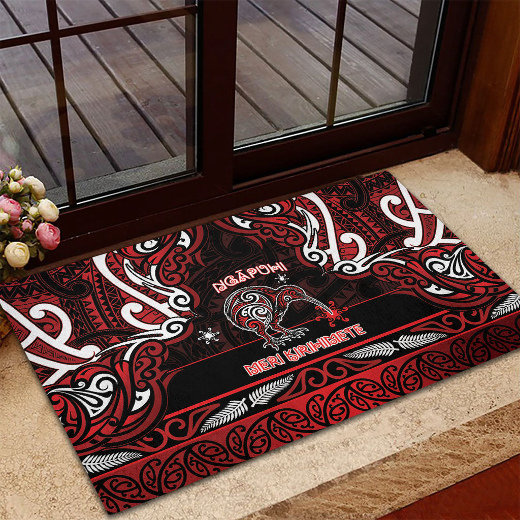 Ngapuhi Aotearoa Meri Kirihimete Rubber Doormat Maori Kiwi Bird Silver Fern Koru Pattern