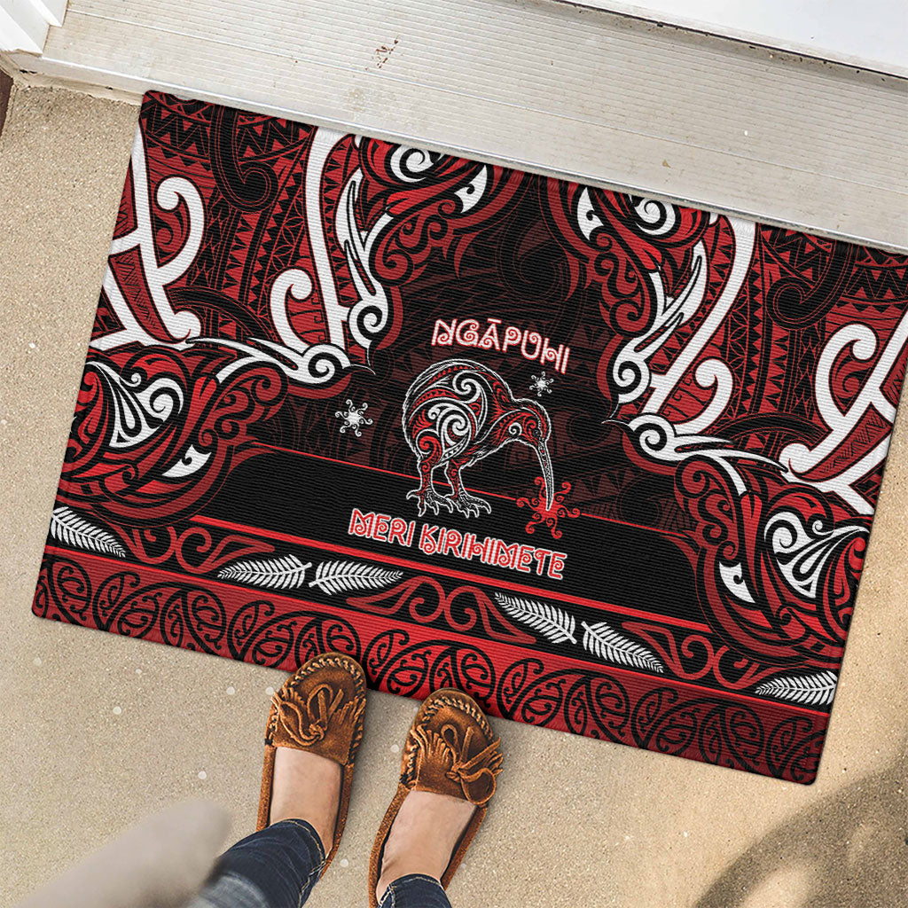 Ngapuhi Aotearoa Meri Kirihimete Rubber Doormat Maori Kiwi Bird Silver Fern Koru Pattern