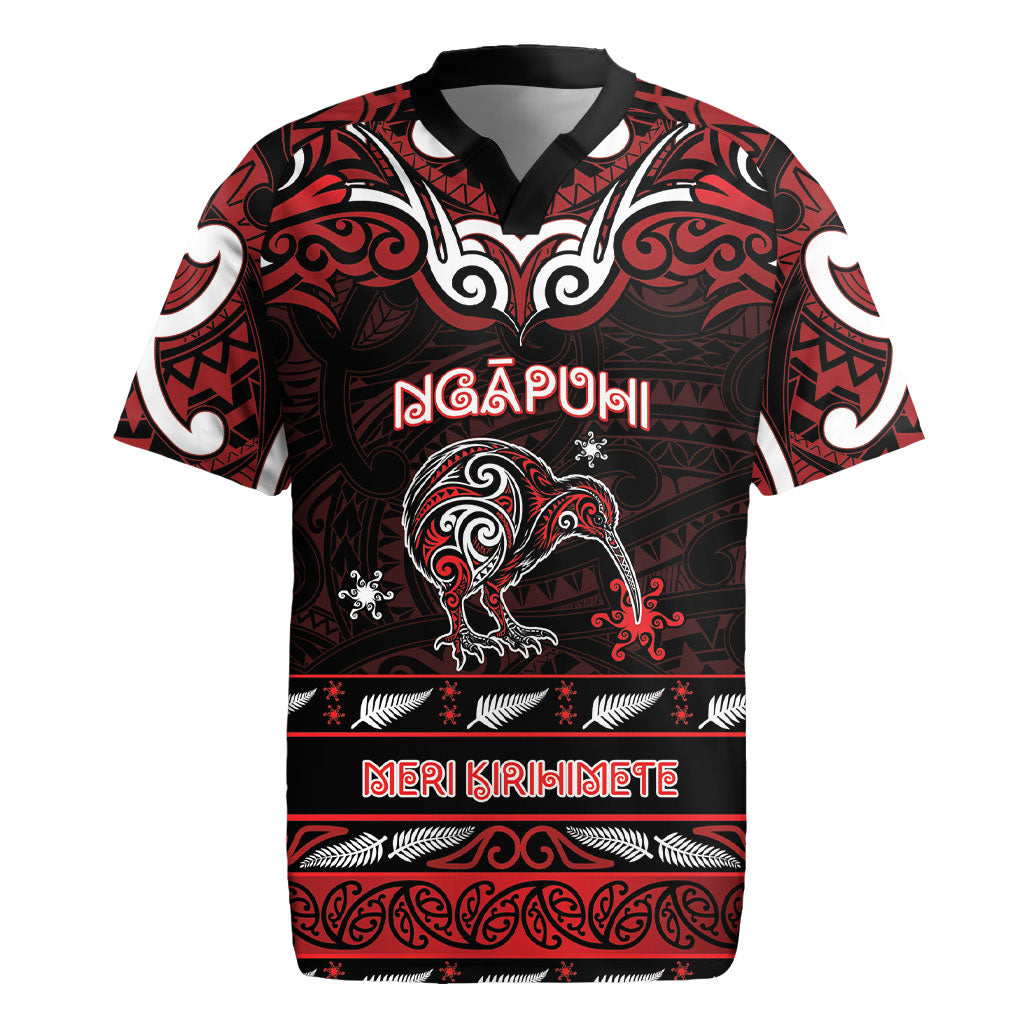 Personalised Ngapuhi Aotearoa Meri Kirihimete Rugby Jersey Maori Kiwi Bird Silver Fern Koru Pattern