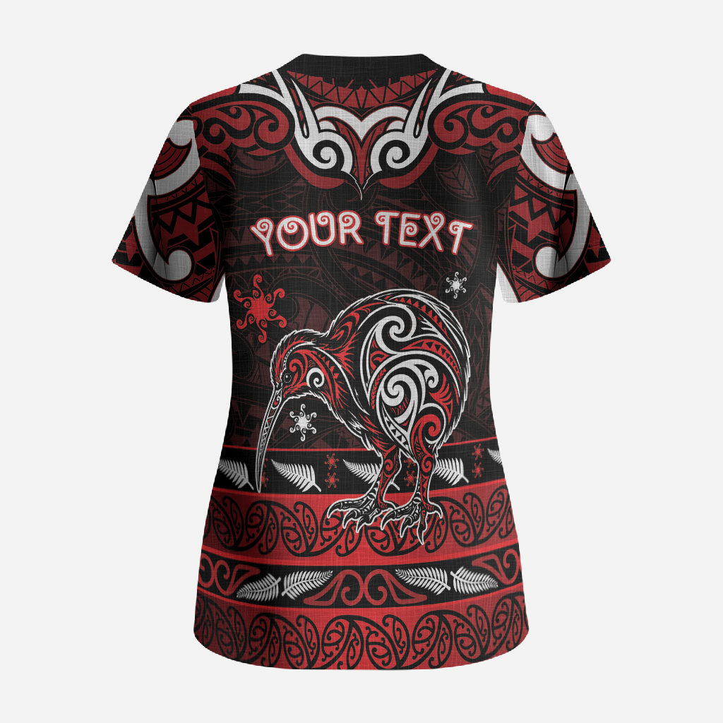 Personalised Ngapuhi Aotearoa Meri Kirihimete Scrub Top Maori Kiwi Bird Silver Fern Koru Pattern
