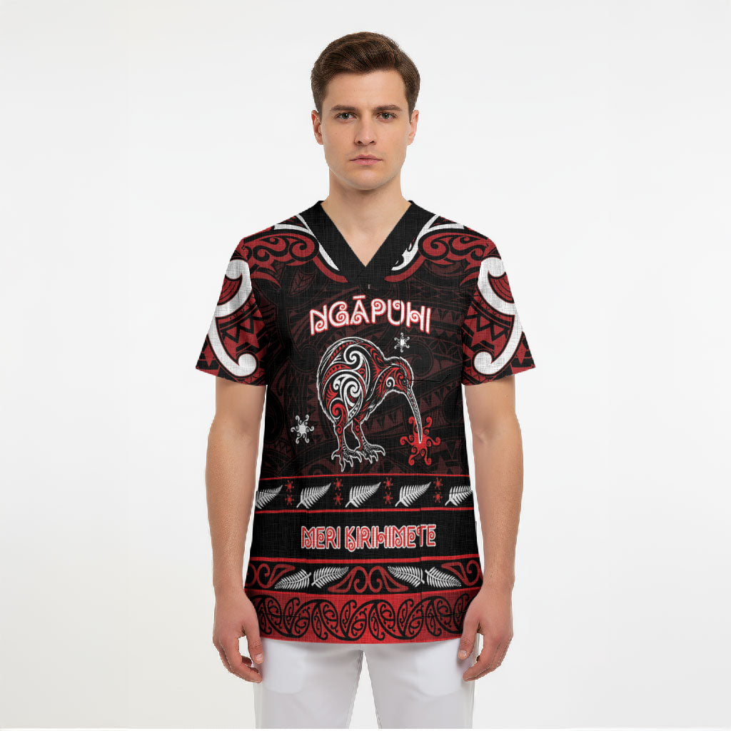 Personalised Ngapuhi Aotearoa Meri Kirihimete Scrub Top Maori Kiwi Bird Silver Fern Koru Pattern