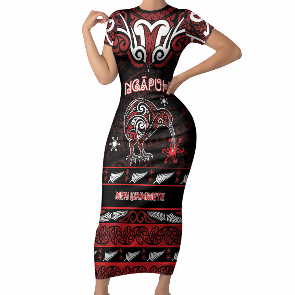 Personalised Ngapuhi Aotearoa Meri Kirihimete Short Sleeve Bodycon Dress Maori Kiwi Bird Silver Fern Koru Pattern