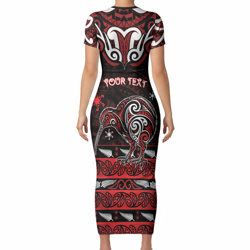 Personalised Ngapuhi Aotearoa Meri Kirihimete Short Sleeve Bodycon Dress Maori Kiwi Bird Silver Fern Koru Pattern
