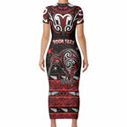 Personalised Ngapuhi Aotearoa Meri Kirihimete Short Sleeve Bodycon Dress Maori Kiwi Bird Silver Fern Koru Pattern