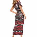 Personalised Ngapuhi Aotearoa Meri Kirihimete Short Sleeve Bodycon Dress Maori Kiwi Bird Silver Fern Koru Pattern