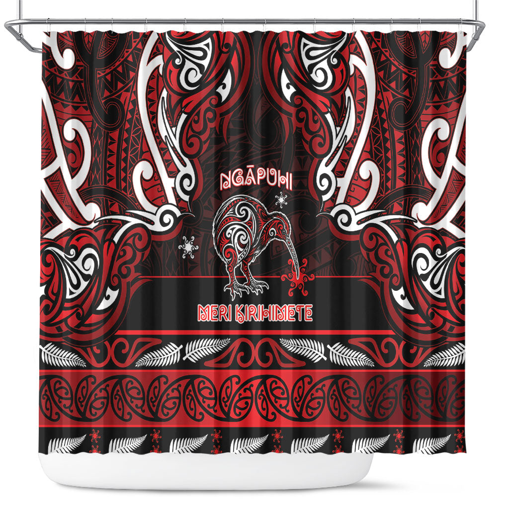 Ngapuhi Aotearoa Meri Kirihimete Shower Curtain Maori Kiwi Bird Silver Fern Koru Pattern