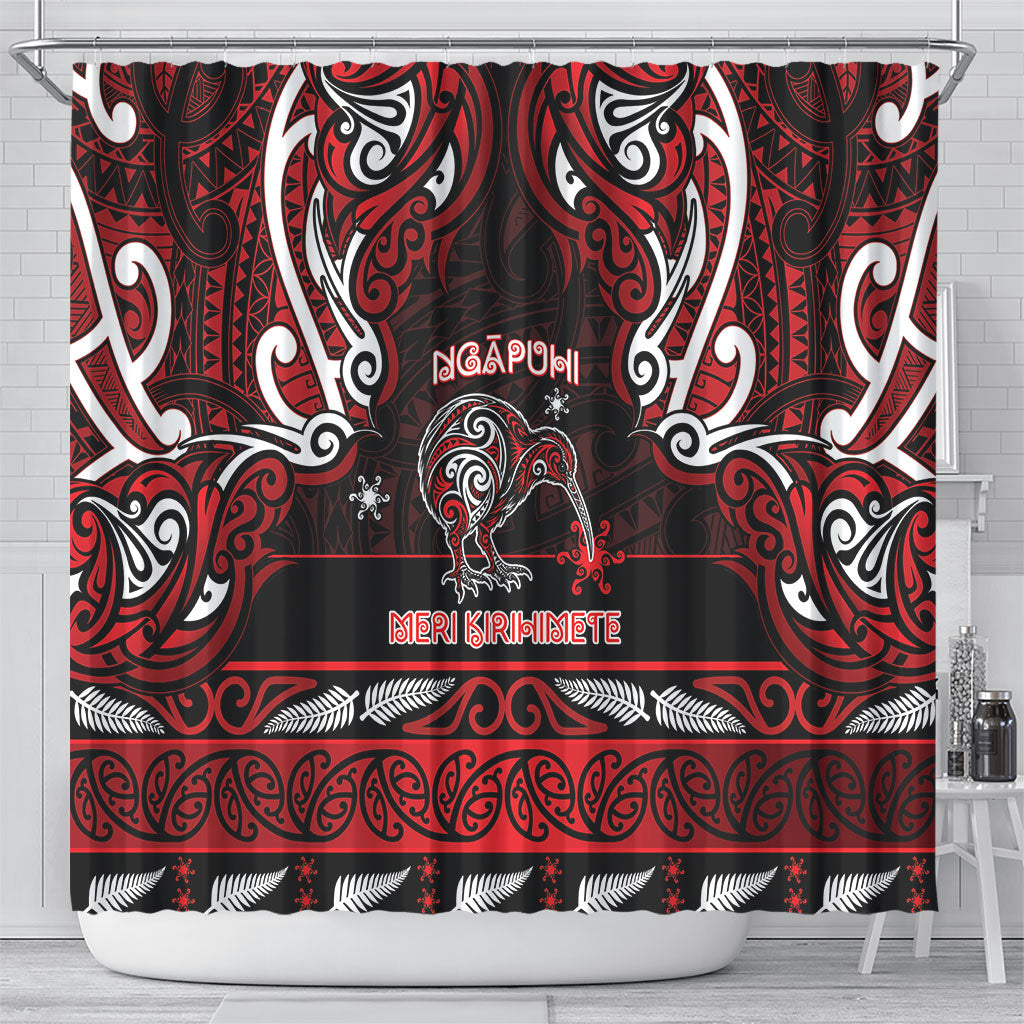 Ngapuhi Aotearoa Meri Kirihimete Shower Curtain Maori Kiwi Bird Silver Fern Koru Pattern