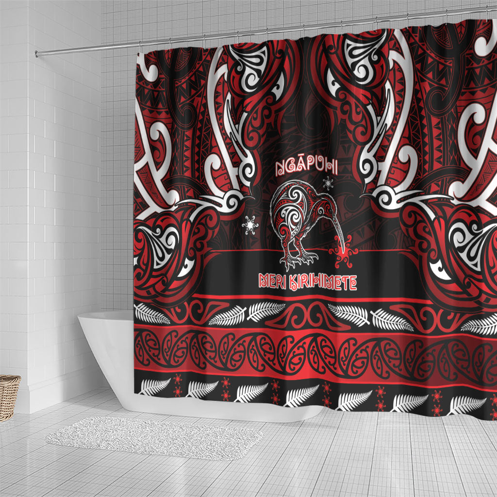 Ngapuhi Aotearoa Meri Kirihimete Shower Curtain Maori Kiwi Bird Silver Fern Koru Pattern