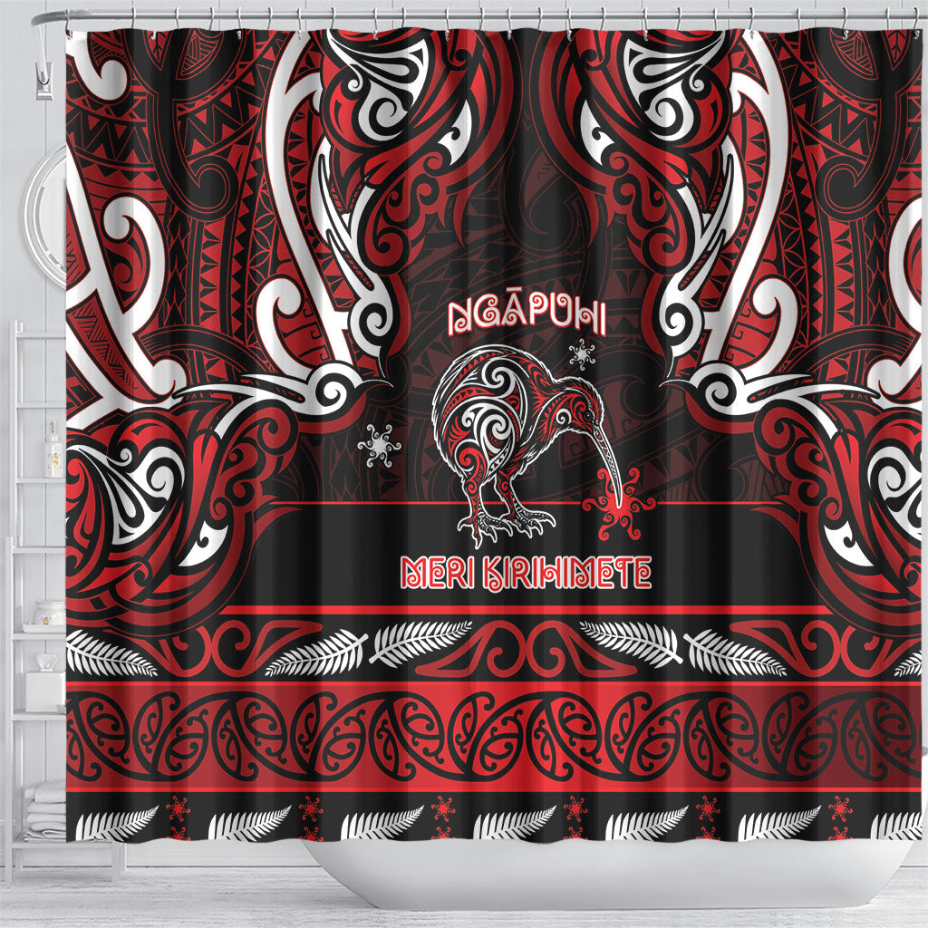 Ngapuhi Aotearoa Meri Kirihimete Shower Curtain Maori Kiwi Bird Silver Fern Koru Pattern