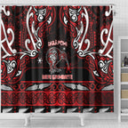 Ngapuhi Aotearoa Meri Kirihimete Shower Curtain Maori Kiwi Bird Silver Fern Koru Pattern