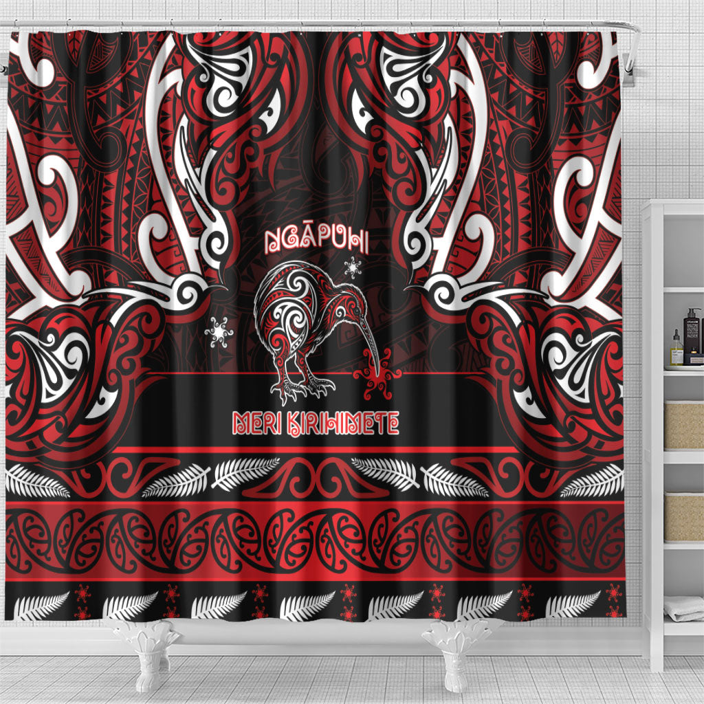 Ngapuhi Aotearoa Meri Kirihimete Shower Curtain Maori Kiwi Bird Silver Fern Koru Pattern