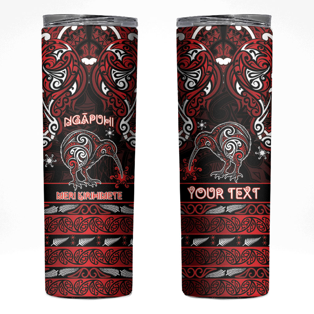 Personalised Ngapuhi Aotearoa Meri Kirihimete Skinny Tumbler Maori Kiwi Bird Silver Fern Koru Pattern